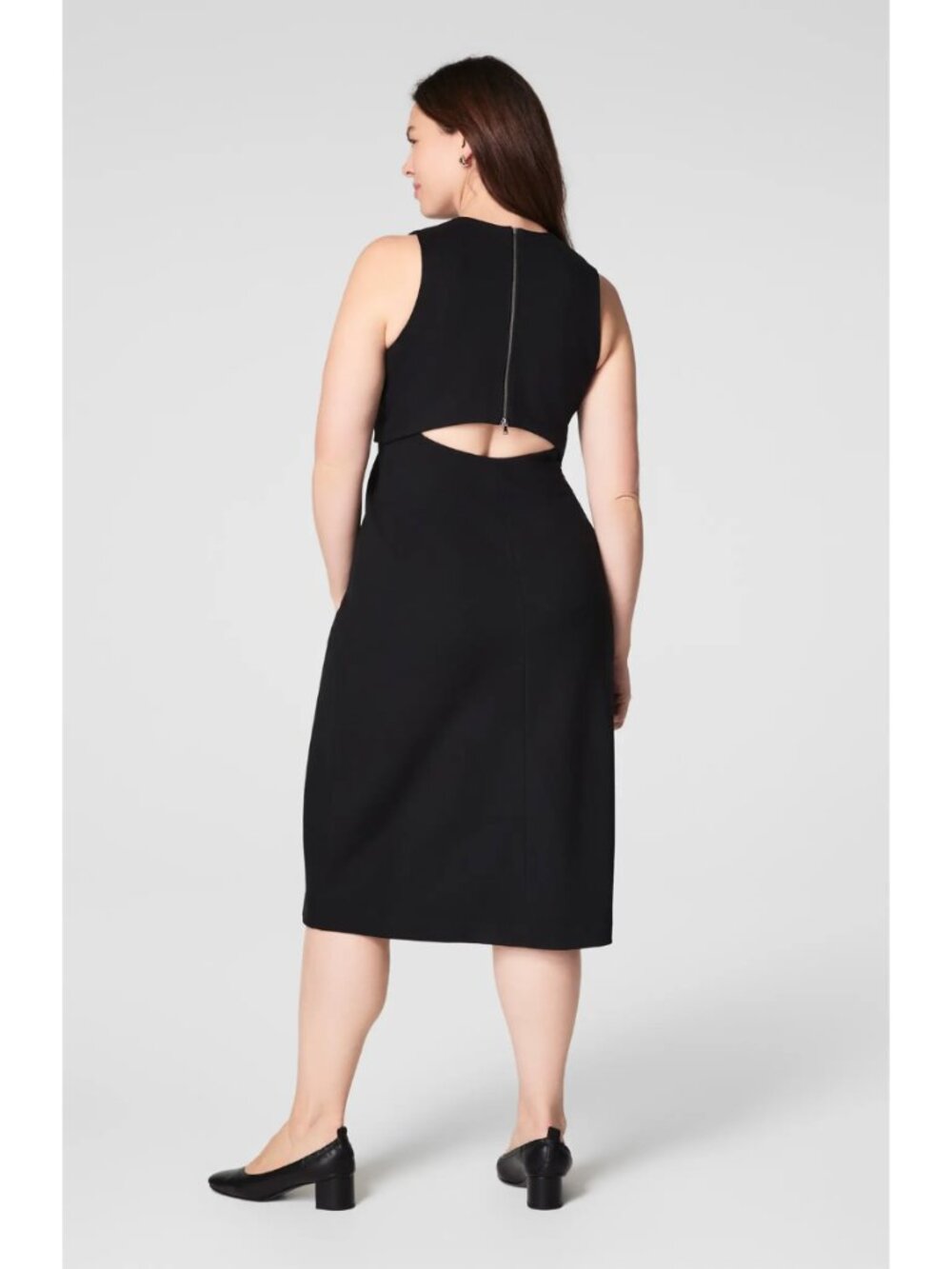 SPANX Perfect Overlay Dress Ponte Fitted Midi Dress Black Medium Cut Out NWT